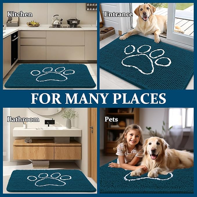 OLANLY Dog Door Mat for Muddy Paws 59x32, Paw Print Design Chenille Mud Mat | Atlantic Blue, Absorbent, Traps Moisture and Dirt, Non-Slip Washable Doormat, Quick-Dry Indoor Entryway Floor Carpet for Dogs