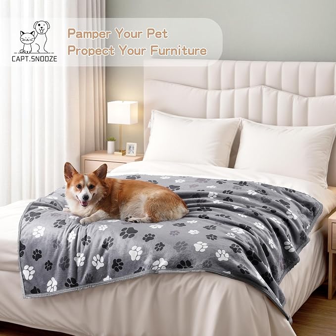 Waterproof Dog Blankets Pet Blanket 50"x60", Soft Fluffy Sofa Car Bed Protector, Reversible Sherpa Fleece Dog Blanket for Large Dogs(Dark Grey-Paws)