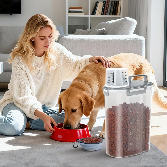 LEAWALK Airtight Small Cat Dog Pet Food Storage Containers BPA Free, with Large Pour Spout/1 Measuring Cup/ 4 Safety Locks and Double-layer Silicone Strip (Clear Grey x 2, 3L-2pack)