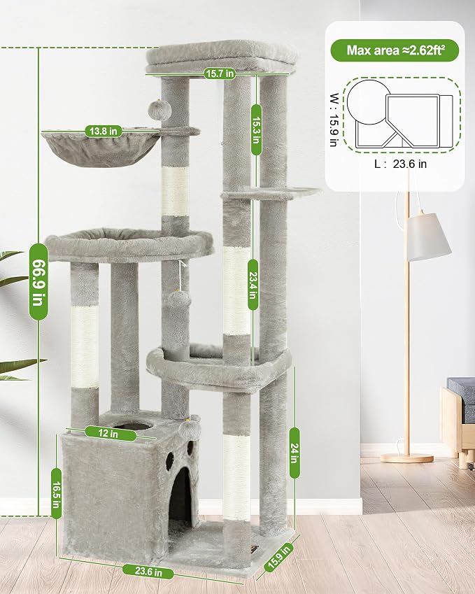 67in Cat Tree Tower for Indoor Cats, Multi-Level Light Grey | Climbing Tower with 3 Large Platform, 4 Scratching Posts, Hammock, Large Condo for Multiple Cats, Modern Cat Tree Furniture