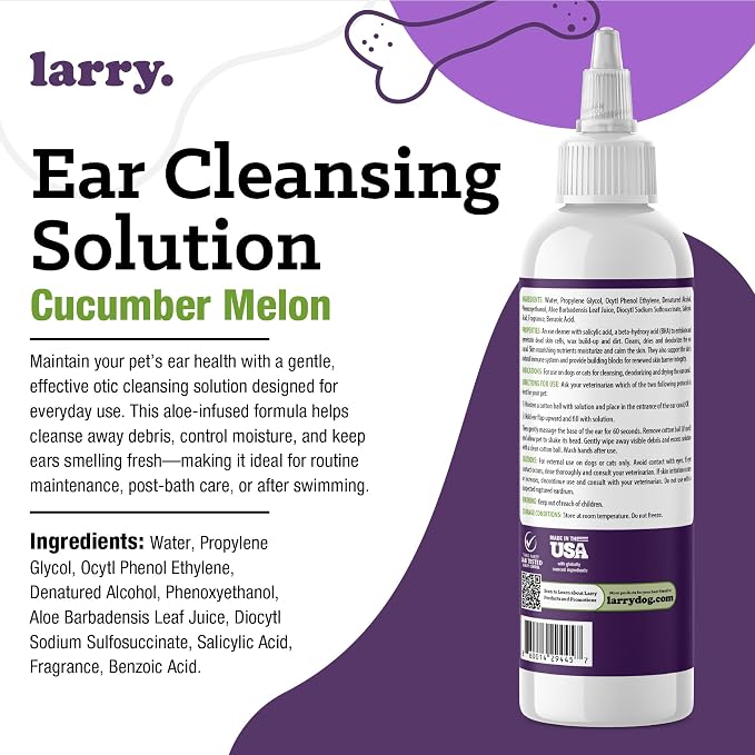 Larry Ear Cleaner Dogs Cats Cucumber Melon 8 fl oz | Gentle Pet Wash, Cleans Dries Deodorizes, Vet Recommended