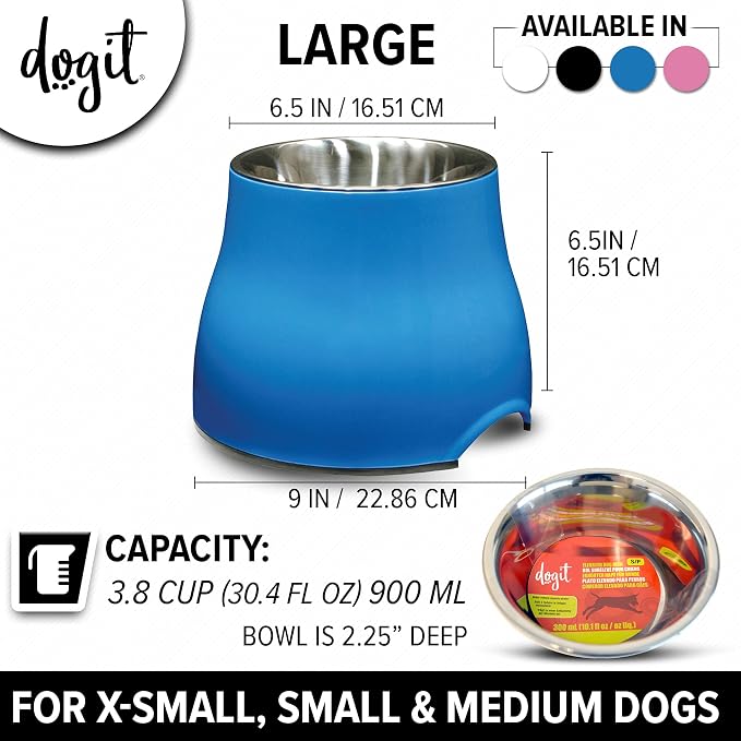 Dogit Elevated Dog Bowl, Stainless Steel Food & Water Dish for Dogs, Large, Blue