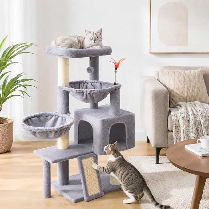 Cat Tree with Cat Condo and Two Hammocks, Cat Tree with Scratching Posts and Scratching Pads, Cat Tower for Indoor Cats, Activity Centre Climbing Tree with Playful Toy Balls, Grey
