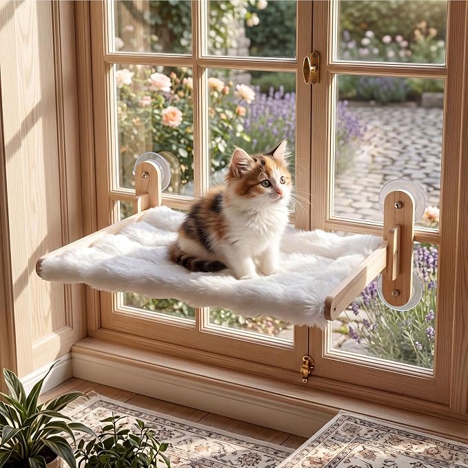 Foldable Cat Window Perch,Cat Hammock Bed with Wood Frame,Washable Soft Rabbit Fur Cover,Strong Suction Cup,Window Seat for Kitten, Indoor Cats, Birds Watching
