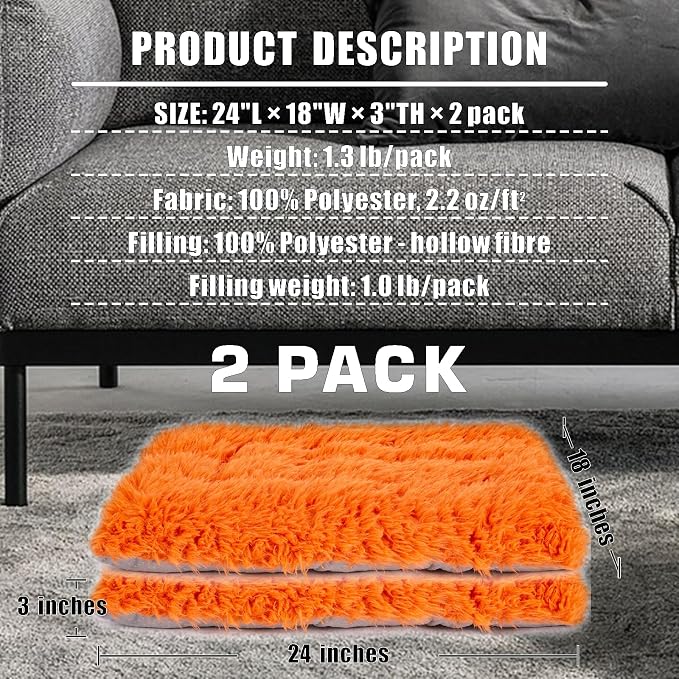 Machine Washable Dog Bed, Deluxe Plush Dog Crate Pad and Cat Bed, Anti-Slip Bottom Kennel Pad Mat, Fuzzy Pet Beds for Large, Medium, Small Dogs Breeds (Orange, 24.0" L x 18.0" W x 3.0" Th x 2 Pack)