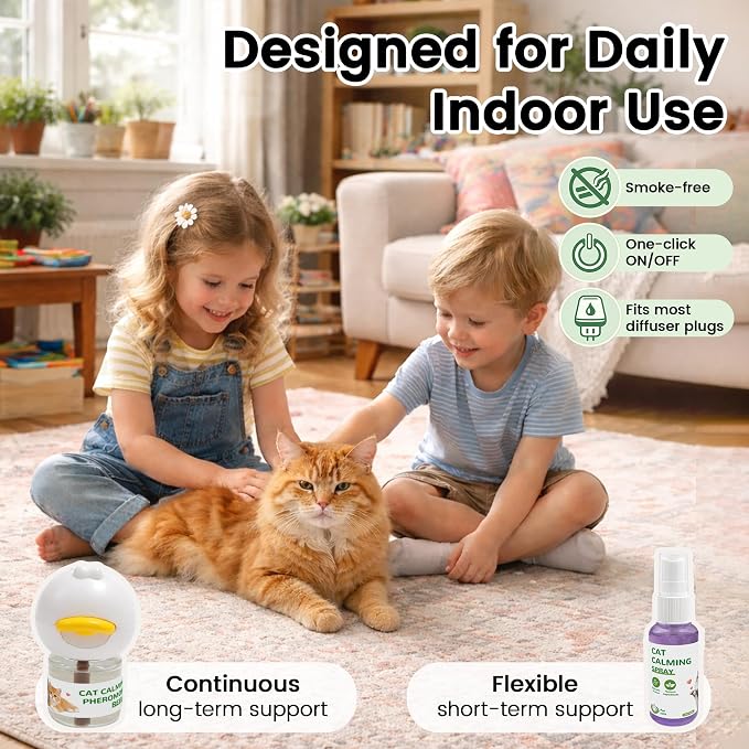 Cat Calming Pheromone Diffuser Kit, Plug-in Diffuser + 2 Refills (60-Day Supply), Reduces Anxiety & Stress for Indoor Cats, Safe for Kittens & Multi-Cat Homes
