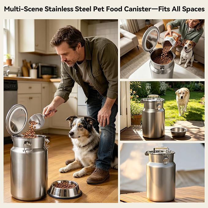 Newget 25 lb Stainless Steel Airtight Dog Food Storage Container with Scoop | Pet Food Storage, Large Capacity, Rust-Resistant Steel, Sturdy & Durable, Airtight Design, Moisture Protection, Easy to Clean