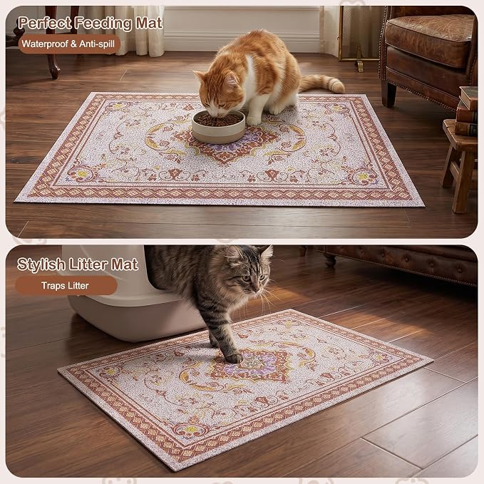 Glittme Cat Litter Mat with Non-Slip Bottom Litter Box Mat 40"X30" Litter Trapping Mat Easy to Clean Washable Cat Food Mat for Kitty,XL