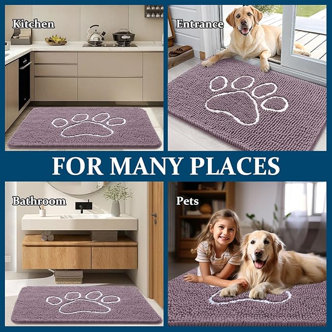 OLANLY Dog Door Mat for Muddy Paws 36x24, Paw Print Design Chenille Mud Mat | Deep Plum, Absorbent, Traps Moisture and Dirt, Non-Slip Washable Doormat, Quick-Drying Indoor Entryway Floor Carpet for Dogs