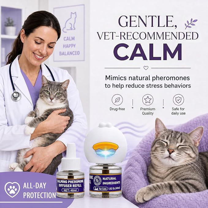 Cat Calming Diffuser with 3 Refills, 3 x 30 Day Cat Pheromone Diffuser for Stress, Fighting, Aggression, Excessive Meowing & Scratching, Best for Multi-Cat Home