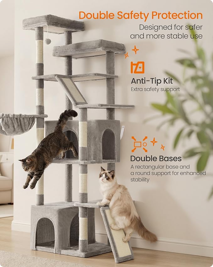 Feandrea 72.6-Inch Tall Cat Tree Tower for Indoor Extra Large Cats, Scratching Posts, Scratching Boards, Multi-Level Design, Dove Gray UPCT014G101S