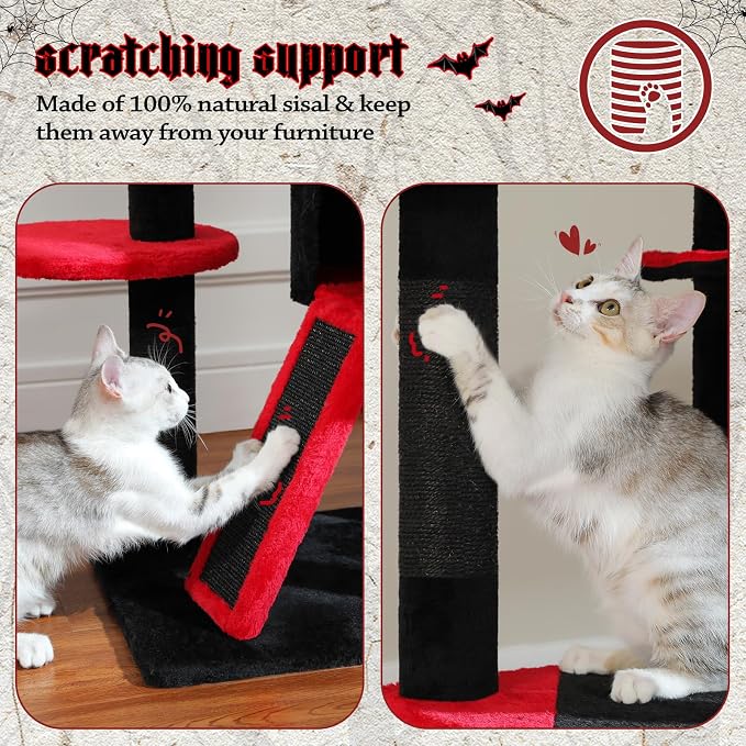 PEQULTI Floor to Ceiling Cat Tree Tower, Height Adjustable 230-252cm, Black | Gothic climbing pole for large cats with cat condo, hammock & sisal scratching posts; measure ceiling, fits 230-252cm
