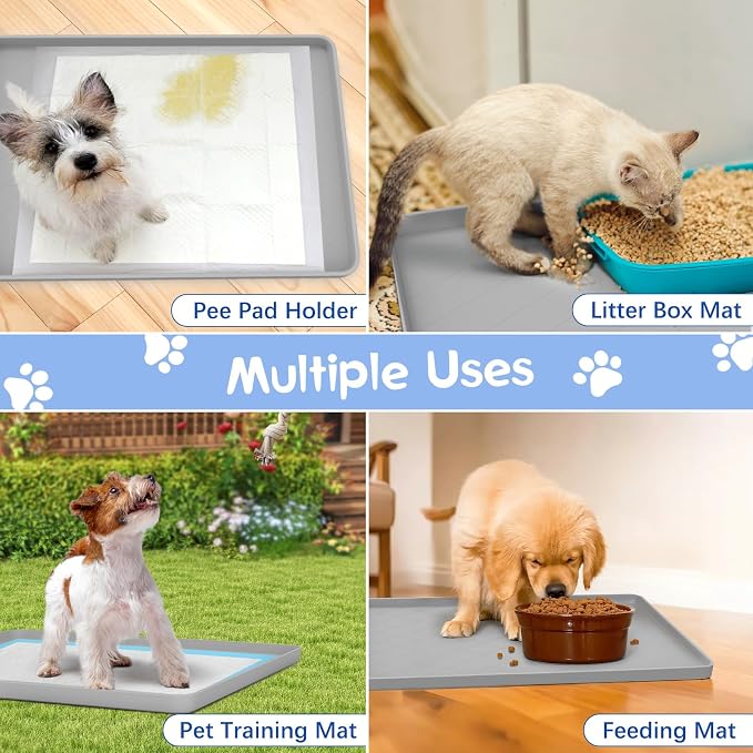 VavoPaw Pee Pad Holder for Dog, 22" × 34" Puppy Pad Holder with Clamps, Raised Edges Leak-Proof Dog Pee Pads Holders, Waterproof Silicone Potty Pads for Dogs, Easy to Clean Indoor, Light Gray