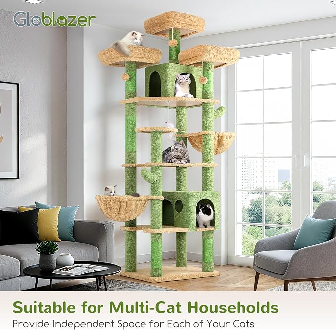 Globlazer Cactus Cat Tree Tower for Multiple Adult Cats, 82in, F82, Green | XXL Tall Cat Tree Tower for Indoor Cats with Scratching Post, 3 Perches, 2 Condos, 2 Hanging Baskets