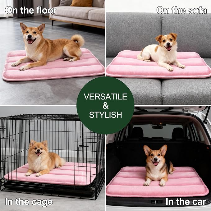 Dog Bed Mat, Reversible Dog Crate Pad with Washable Kennel Mat and Soft Foam, Flat Pet Bed for Dogs & Cats, for Crates Carriers & Travel (Pink, 28" L*16" W*1.5" Th)