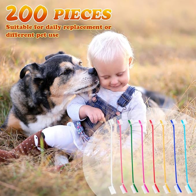 Nuogo 200 Pcs Dog Toothbrush Bulk Dual Headed Dental Brushes Dogs Tooth Brushing Kit Long Handle Pet Tooth Brush for Puppy Large Small Cats and Most Pets Teeth Cleaning Dental Care Supplies, 8 Colors