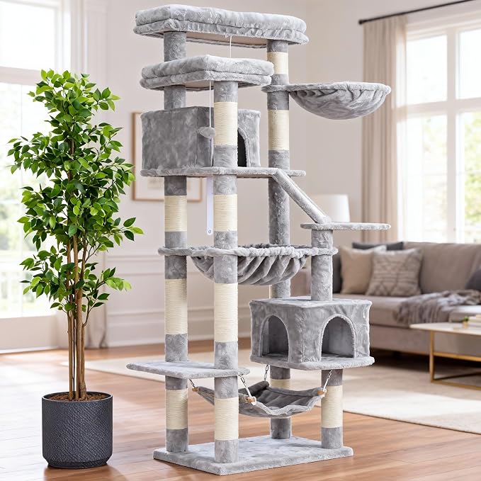 Heybly Cat Tree, 71-Inch-Tall Tower for Indoor Cats with 2 Perches HCT034W | Large Cat Furniture with 2 Big Condos, 2 Hammocks, Basket, Scratching Pad, Multi-Level Cat Condo, Light Gray