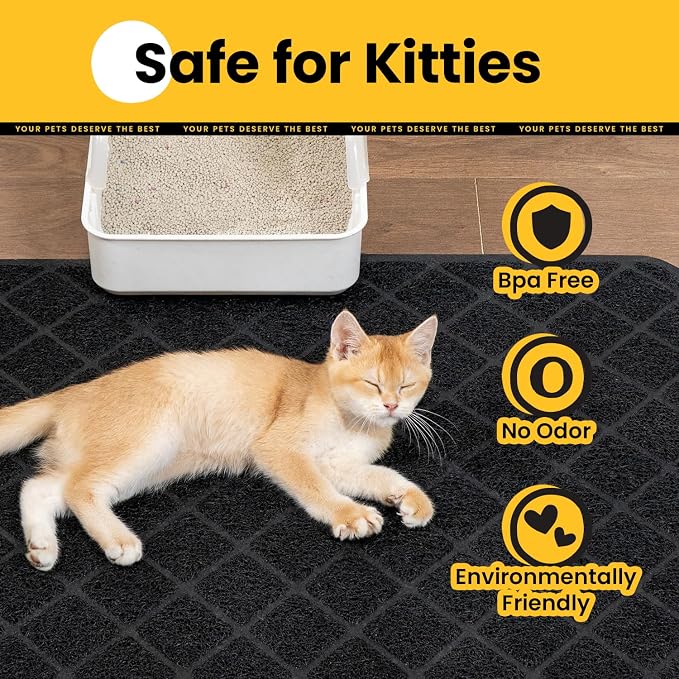 Conlun Cat Litter Mat Litter Trapping Mat, Black Premium Durable PVC Grid Mesh with Scatter Control, Non-slip, Less Waste Cat Litter Box Mat, Soft on Kitty’s Paws, Urine Waterproof 47" x 35"