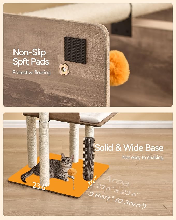 43.7" Cat Tree, Modern Cat Tree Tower, Cat Tower for Indoor Cats Large Adult, Cat Condo with Scratching Post, Large Perch and Removable Pads, Greige