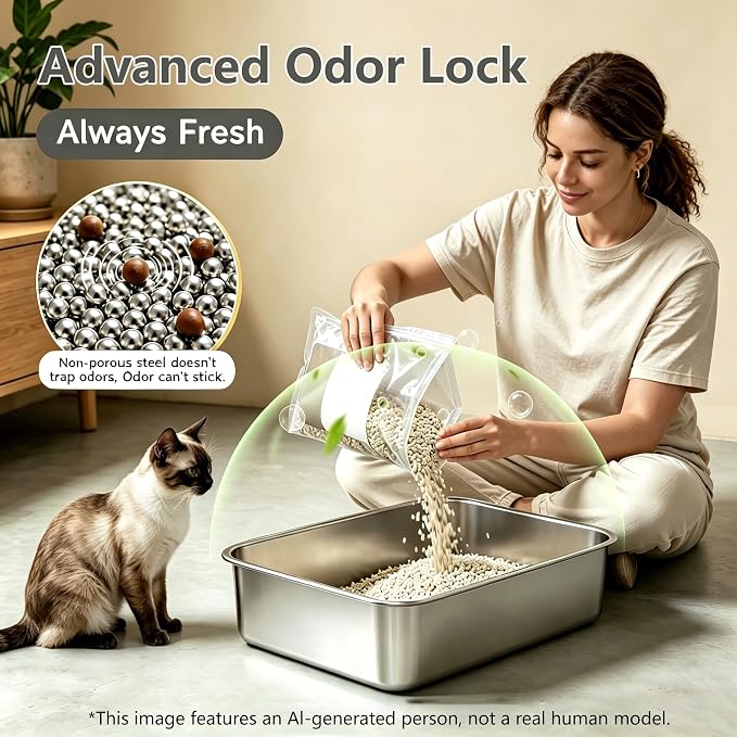 Stainless Steel Litter Pan Open Top Low Entry Easy Cleaning Anti-Urine Leakage Non-Sticky Odor Free Metal Litter Box