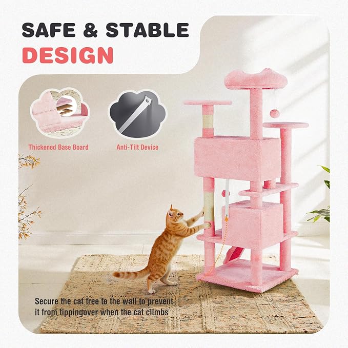 54 Inch Cat Tree Tower with Natural Sisal Scratching Post | Multi-Level Cat Climbing Tower with Hammock, Pet Condo for Indoor Cats and Kittens, Pink