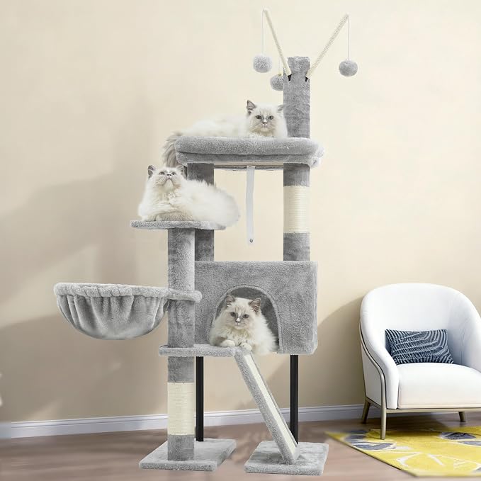Cat Tree Tower for Indoor Cats, Top Platform with Toy, GCT006SW | 49.2 inch Cat Condo House, Sturdy Base, Scratching Post & Board, 3 Balls, Hanging Basket, Small Cats and Kittens, Light Gray