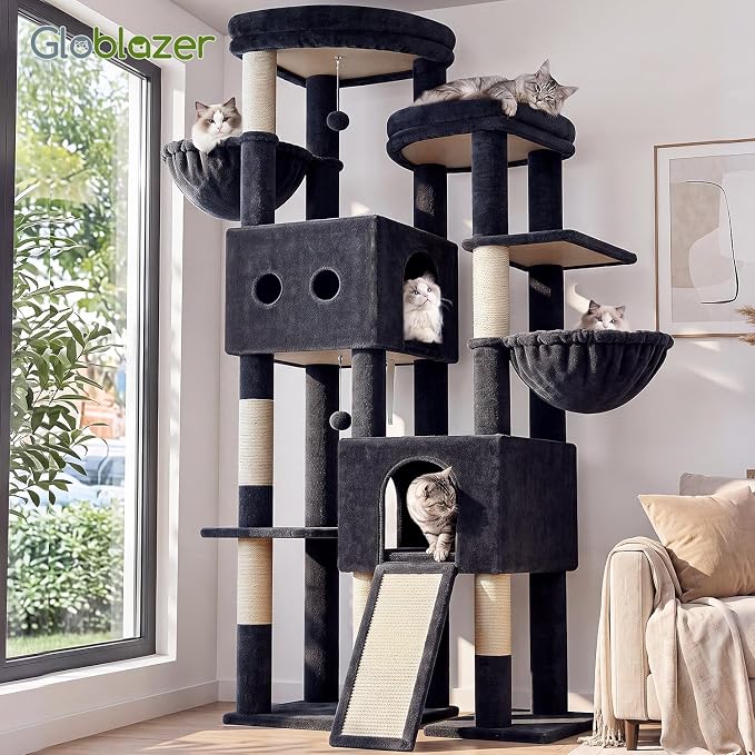 Globlazer Sturdy Cat Tower for Indoor Cats 20lbs, 76in, S76E, Dark Grey | Heavy Duty Cat Tree for Adult Big Cats Maine Coon with Scratching Post, 2 Extra Large Top Perch, 2 Padded Cat Condos
