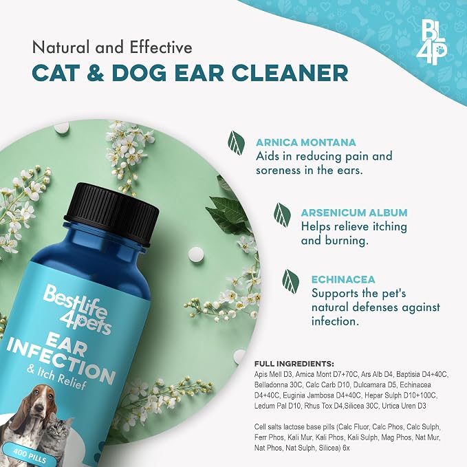 BestLife4Pets Itch Relief and Ear Infection for Dogs & Cats - 400 Pills | Natural Ear Mites Treatment for Cats and Dogs Soothes Itchy Ears, Reduces Swelling, Otitis, Pain & Inflammation