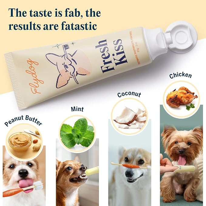 Flydog Fresh Kiss Dog Tooth Brushing Kit, Enzymatic Dog Toothbrush and Toothpaste- Vet Approved Formula, Breath Freshener & Tartar Remover, 360° Toothbrush for All Round Cleaning (Chicken)