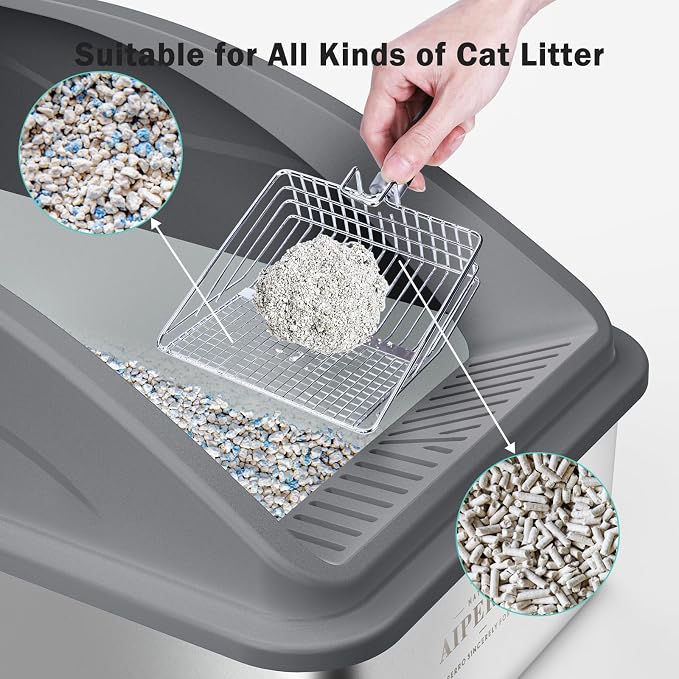 AIPERRO Stainless Steel Litter Box | XL Metal Cat Litter Boxs with Lid | Enclosed High Sided for Big Cats | Anti-Urine Leakage | Non-Stick & Easy to Clean with Litter Mat & Metal Scoop (Dark Gray)