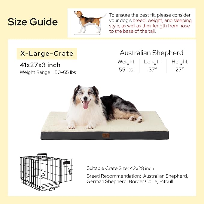 Bedsure XL Dog Bed for Crate, Pet Bed with Washable Cover, 41x27 Inch Grey | Orthopedic Egg Crate Foam, Flat Rectangle Sherpa Mat, Non-Slip Bottom, Comfy Removable Cover, For Extra Large Pets ≤ 65 lbs