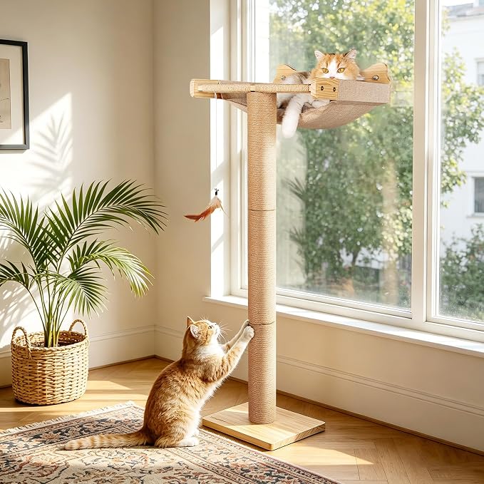 Cat Window Perch Hammock with 3-Piece Detachable Sisal Scratching Posts, Drill-Free Suction Cup Mount, Multi-Level Climbing Perch for Bird Watching, 45 LBS Capacity