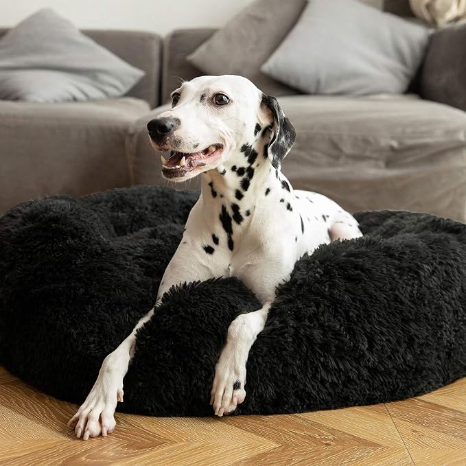 HACHIKITTY Calming Donut Cuddler Dog Bed, Round Fluffy Pet Bed for Large Dogs,Washable, Large, Black, 30''