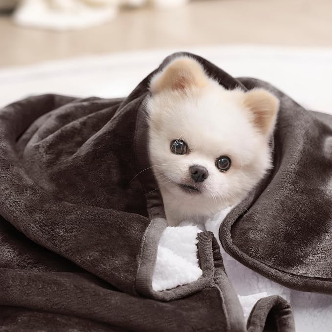 gogobunny Waterproof Bed Blanket, Reversible Sherpa Fleece Throw Blanket for Dog Puppy Cat, Furniture Cover Protects Bed Couch Sofa from Liquid Pee and Pet Fur (Dark Brown, 25x35 inches)