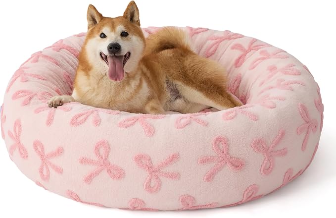 LE SURE Shown on TV Donut Large Dog Beds - Round Cat Beds Indoor Anti-Anxiety Calming Gift for Pets, Washable Home Decor Cute Beds with Jacquard Shaggy Plush & Anti Slip Bottom, 36 Inch, Pink Taffy