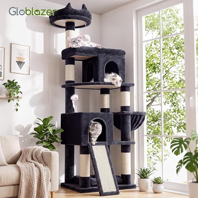 Globlazer Heavy Duty Cat Trees for Large Cats, Sturdy 72in Maine Coon Cat Tree for Large Cats 20 lbs+ Heavy Duty Cat Tower for Adult Biggest Cat with 6 Scratching Posts, Hammock, S72, Smoky Gray