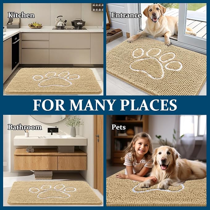 OLANLY Dog Door Mat for Muddy Paws 40x24, Paw Print Design Chenille Mud Mat | Beige, Absorbent, Traps Moisture and Dirt, Non-Slip Washable Doormat, Quick-Drying Indoor Entryway Floor Carpet for Dogs
