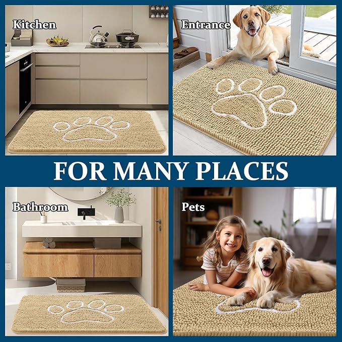 OLANLY Dog Door Mat for Muddy Paws 70x32, Paw Print Design Chenille Mud Mat | Beige, Absorbent, Traps Moisture and Dirt, Non-Slip Washable Doormat, Quick-Drying Indoor Entryway Floor Carpet for Dogs
