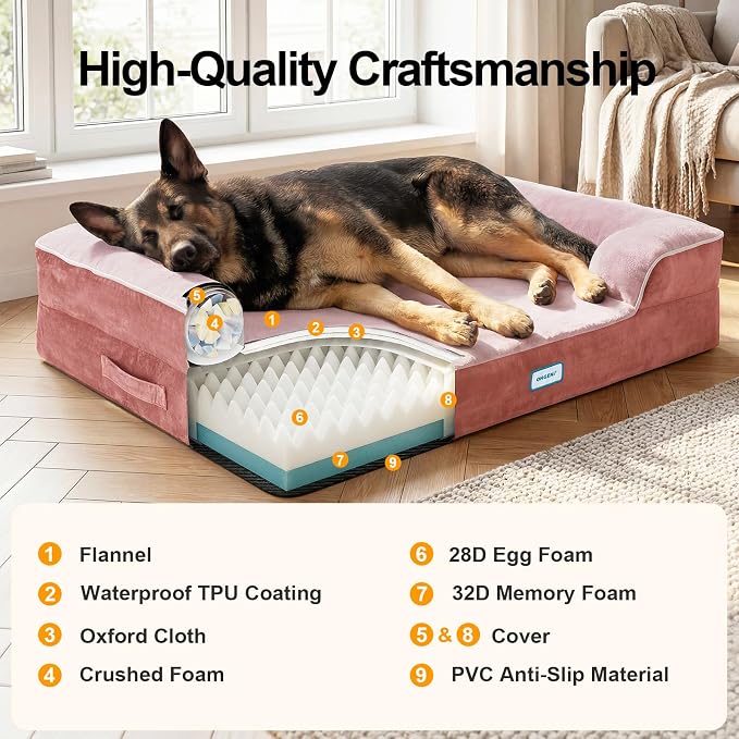 OhGeni Orthopedic Dog Bed Couch Big Cat Sofa for Extra Large Sized Pets with Memory Foam, Machine-Washable Waterproof Removable Cover, Soft Comfortable Fabric, 44-inch (Pink)