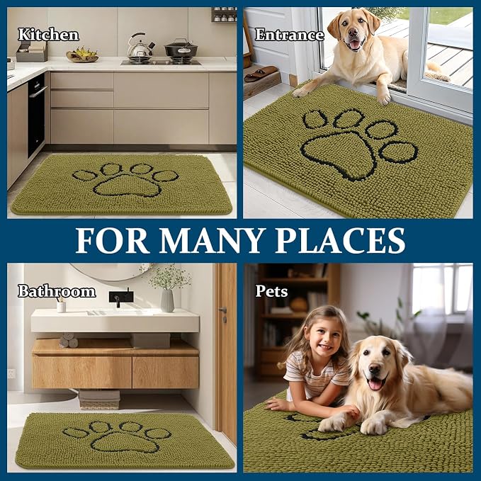 OLANLY Dog Door Mat for Muddy Paws 30x20, Paw Print Design Chenille Mud Mat | Willow Green, Absorbent, Traps Moisture and Dirt, Non-Slip Washable Doormat, Quick-Dry Indoor Entryway Floor Carpet for Dogs