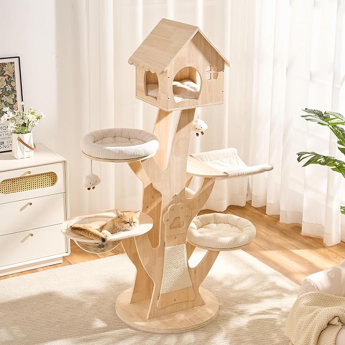 65" Modern Wood Cat Tree for Indoor Cats, Multi-level Cat Tower with Hidden Cat House, Cozy Beds, Hammock, Capsule perch, Spacious Scratching Board & Interactive Toys, Furniture-Style Cat Condo