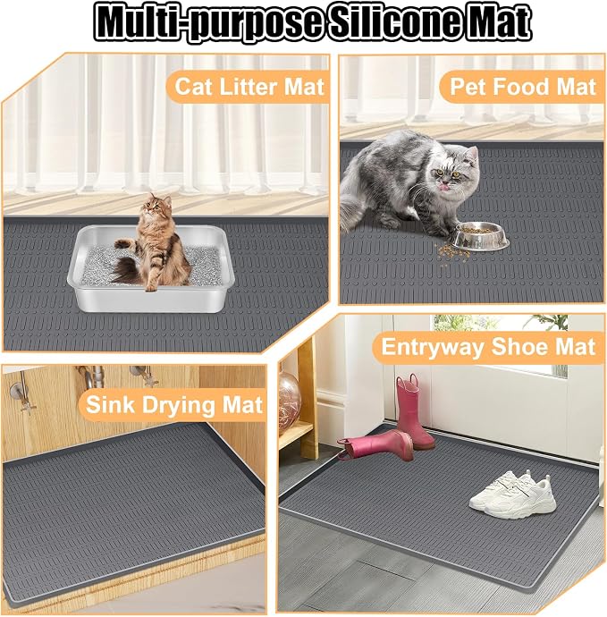 Silicone Cat Litter Mat 47" x 35" Cat Mat for Litter Box, Dark Grey | Extra Large Cat Litter Trapping Mat for Floor, Waterproof, Non-Slip Kitty Litter Box Mat with Raised Edge, Easy to Clean