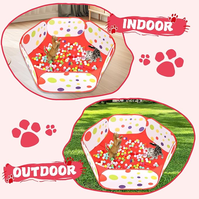 Cat Ball Pit Include 200 Pom Pom Balls 10 Jingle Balls and 12 PCS Cat Spring Toy for Indoor Bored Self Play Enrichment Toy for Indoor Cats Interactive Fun and Exercise