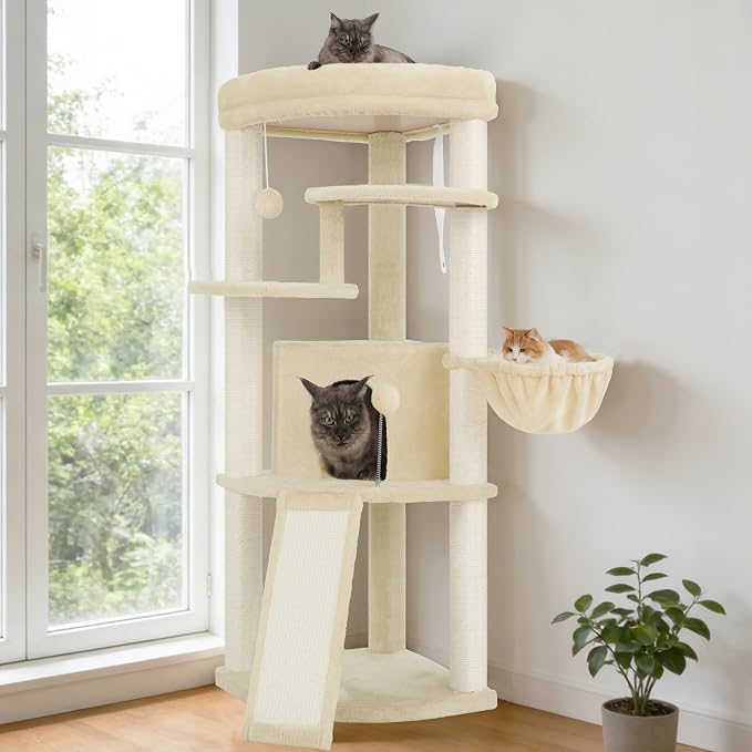 Corner Cat Tree Tower with All Sisal Scratching Posts GCT025MU | 44.1" Cat Furniture with Multi-level Cat Condo, Cat Cave, Hanging Basket, Sisal Scratching Ramp for Indoor Cats, Beige