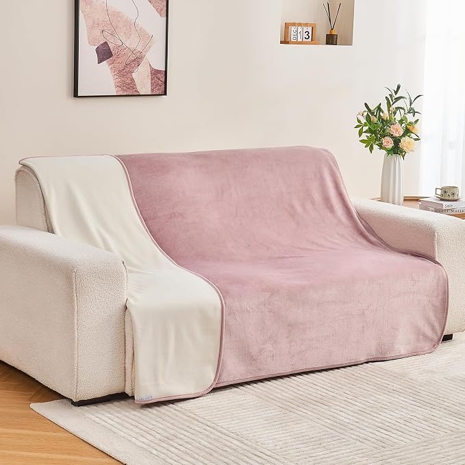 Waterproof Blanket 80"x90" for Adults, Reversible Waterproof Bed Cover for Dogs Cats Pets, Soft Leakproof Blanket for Bed Couch Sofa Furniture Protector, Dusty Pink/Off White