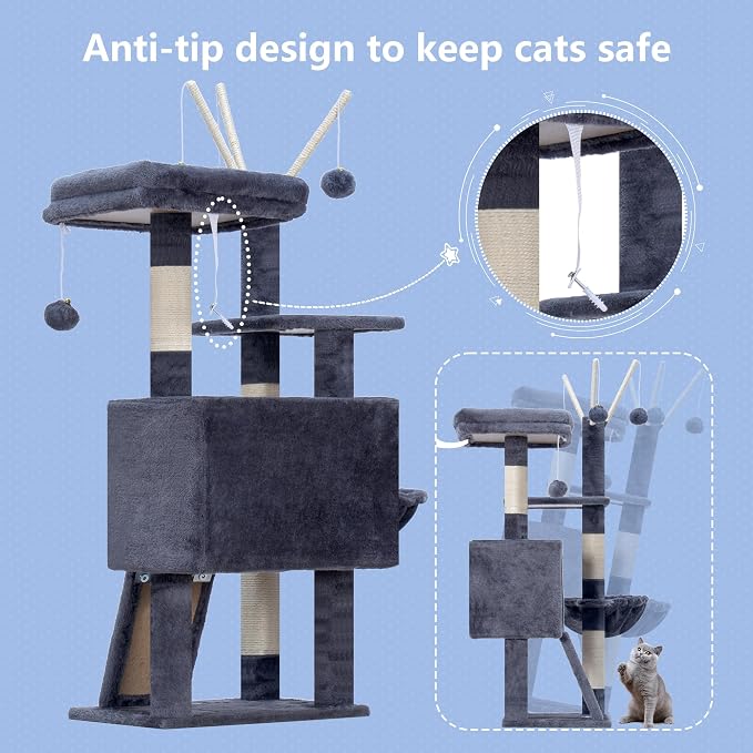 Hey-brother Cat Tree Tower with Removable Toys, Scratching Posts, MPJ008SG | 41.3 Inches Plush Cozy Condo with Platform, Hammock, Sisal Scratch Board and Ball for Indoor Cats, Smoky Gray
