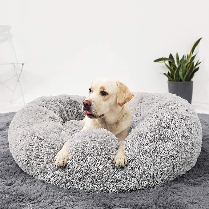 HACHIKITTY Calming Donut Cuddler Dog Bed, Round Fluffy Pet Bed for Large Dogs,Washable, Large, Gray, 30''