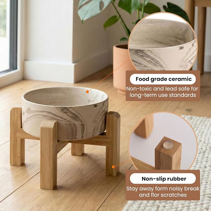 hjn Elevated Ceramic Dog Bowl with Bamboo Stand, Raised Pet Feeding Station for Small Medium Dogs Cats, Modern Design with Anti-Slip Base (Marble Brown, 3.6Cup)