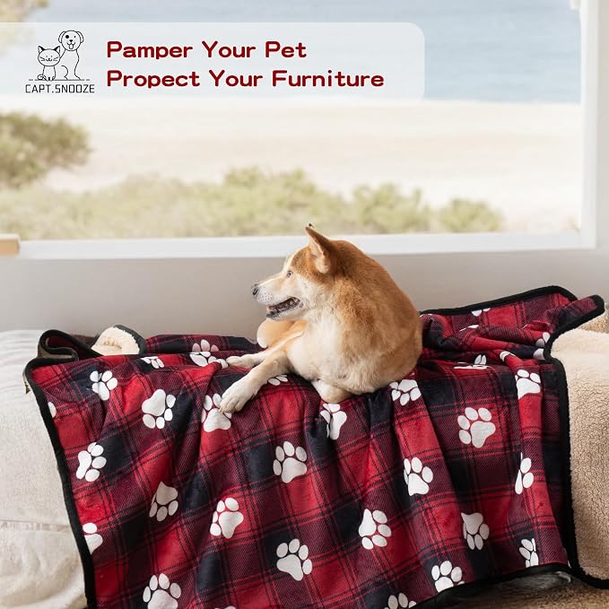 Waterproof Dog Blankets Pet Blanket 60"x80", Soft Fluffy Sofa Car Bed Protector, Reversible Sherpa Fleece Dog Blanket for Large Dogs Christmas Decor(Paw Red)