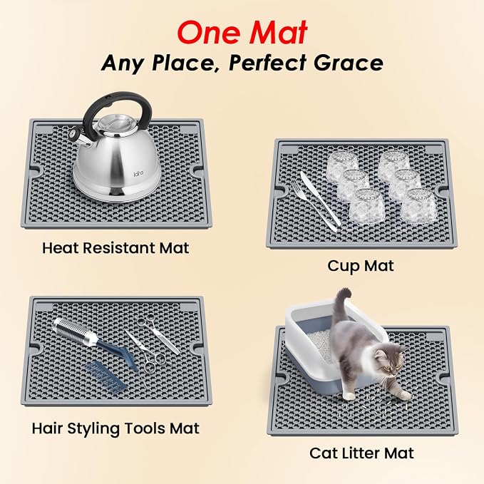 Cat Litter Mat | Litter Box Trapping Mat for Kitty | Waterproof & Anti-Tracking | Easy to Clean | Honeycomb Small Pads | Food Grade Silicone Catcher Mat | for Indoor Floor | Grey 20 * 15 in